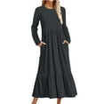 thumbnail image 1 of ShomPort Fall Casual Long Dress for Tall Women Round Neck Long Sleeve Ruffle Dresses with Pockets, 1 of 1