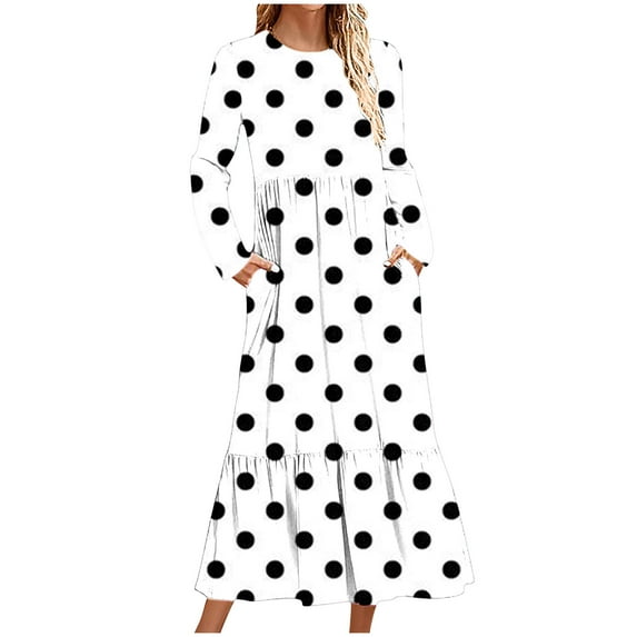 ShomPort Fall Casual Long Dress for Tall Women Round Neck Long Sleeve Ruffle Dresses with Pockets