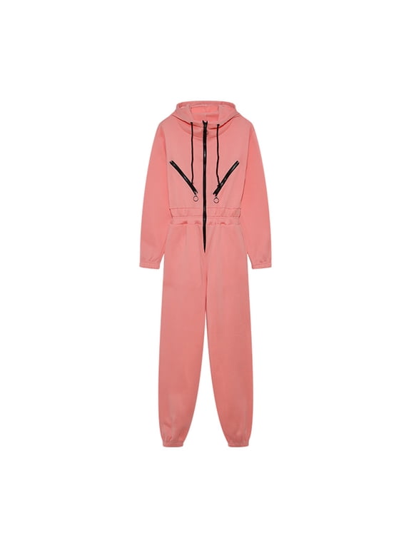 Fall Fashion Jumpsuits for Women Long Sleeve Hooded Zip up Romper Tracksuits with Drawstring