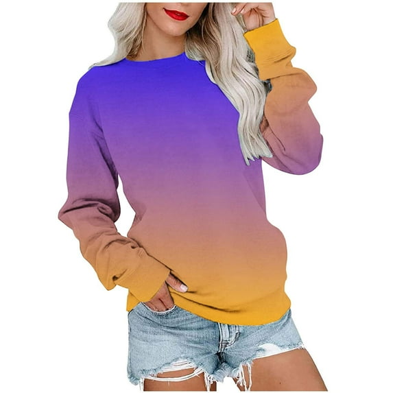 ShomPort Fall Fashion Gradient Color Sweatshirt Womens Casual Loose Crewneck Long Sleeve Pullover