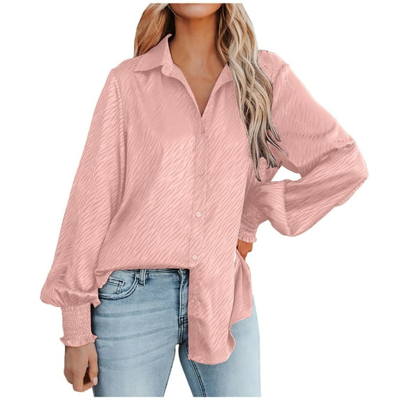 ShomPort Fall Fashion Women Casual Puff Long Sleeve Lapel Collar Button up Shirt Tops