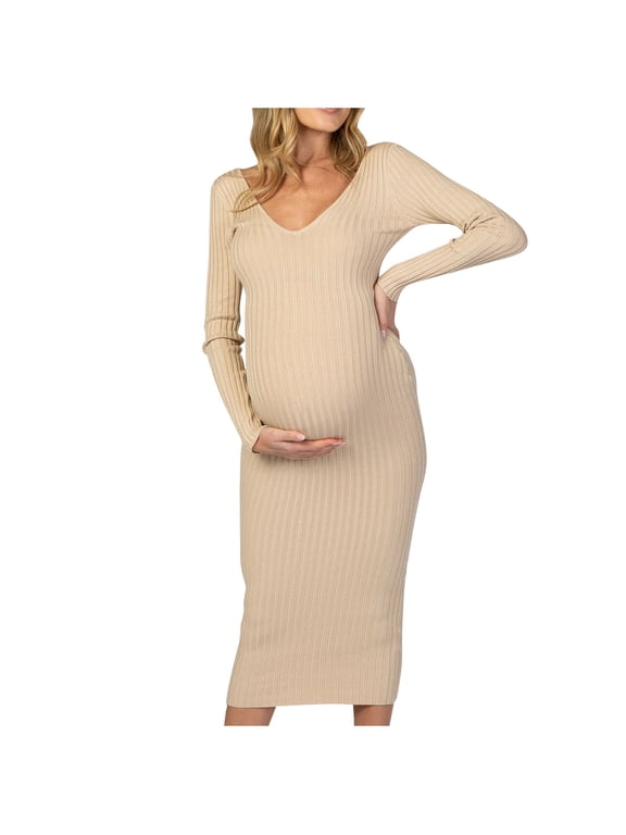 Fall Maternity Dress Long Sleeve V Neck Maternity Sweater Dress Fall Knit Solid Color Maternity Maxi Dress
