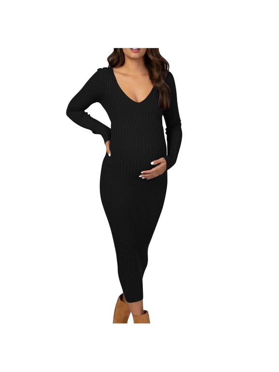 Fall Maternity Dress Long Sleeve V Neck Maternity Sweater Dress Fall Knit Solid Color Maternity Maxi Dress