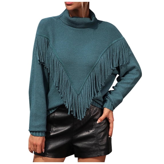 ShomPort Fall Sweater for Women Casual Long Sleeve Turtleneck Sweaters Fringe Front Pullover