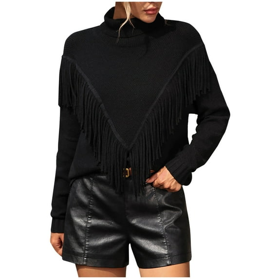 ShomPort Fall Sweater for Women Casual Long Sleeve Turtleneck Sweaters Fringe Front Pullover