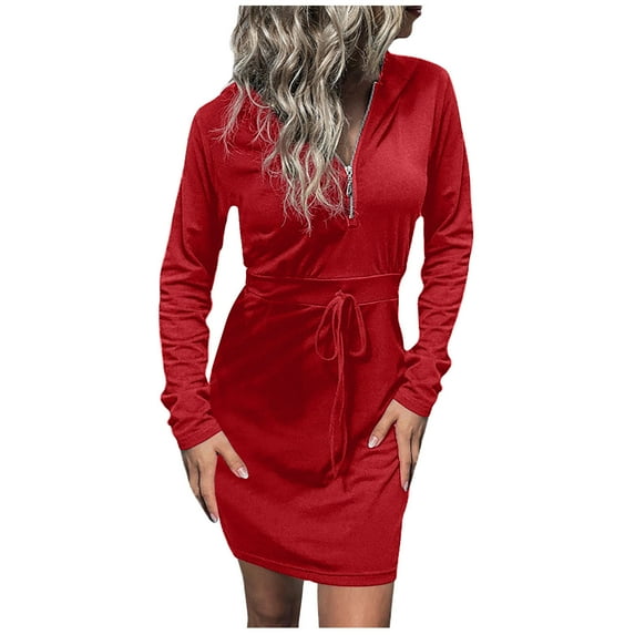 ShomPort Fall Tie Waist Short Dress Elegant Zipper V-Neck Long Sleeve Dress Solid Color Mini Dress