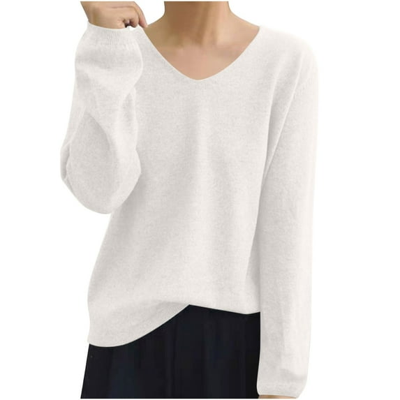 ShomPort Fall V Neck Sweater for Women Loose Solid Color Long Sleeve Knitted Jumper Pullover Tops