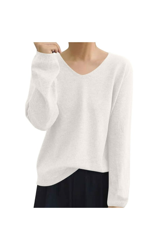 Fall V Neck Sweater for Women Loose Solid Color Long Sleeve Knitted Jumper Pullover Tops