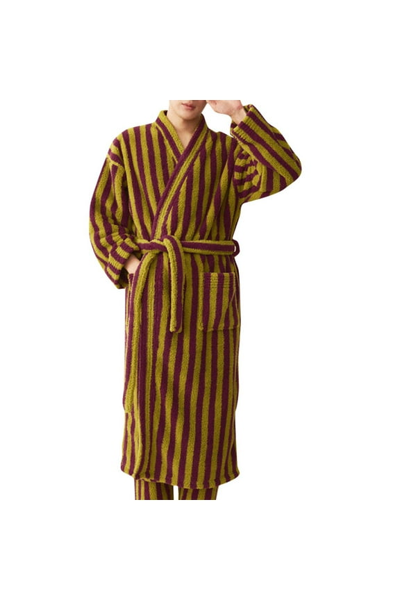 Flannel Bathrobes for Mens Stripe Pattern Calf Length Long Sleeve Belt Soft Robes Fall Winter Warm Cozy Pockets Loungewear