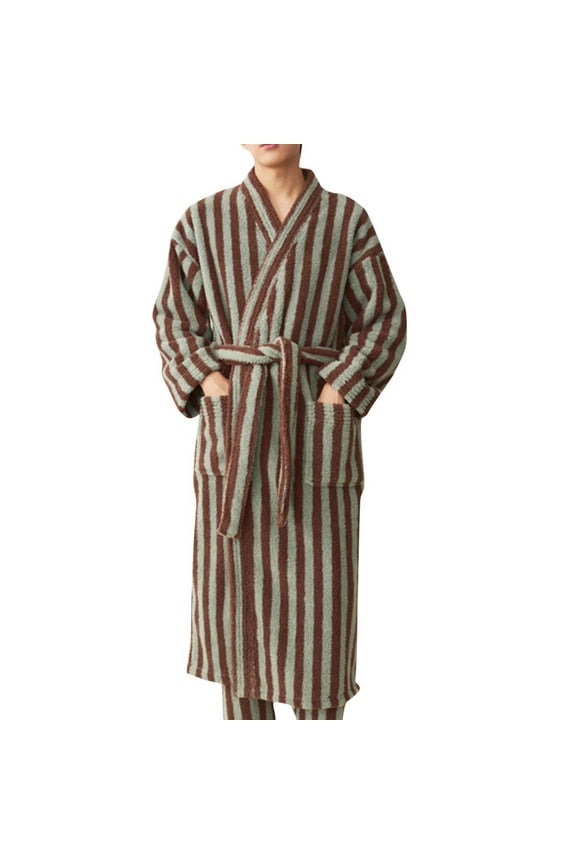 Flannel Bathrobes for Mens Stripe Pattern Calf Length Long Sleeve Belt Soft Robes Fall Winter Warm Cozy Pockets Loungewear