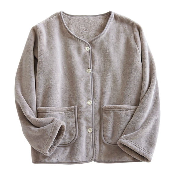 ShomPort Flannel Cardigan Sleepwear for Womens Round Collared Button Up Loungewear with Pockets Fall Winter Daily Pajamas