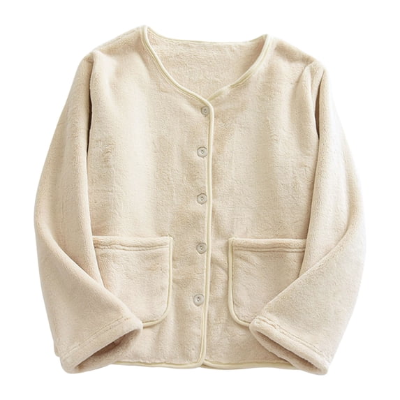 ShomPort Flannel Cardigan Sleepwear for Womens Round Collared Button Up Loungewear with Pockets Fall Winter Daily Pajamas