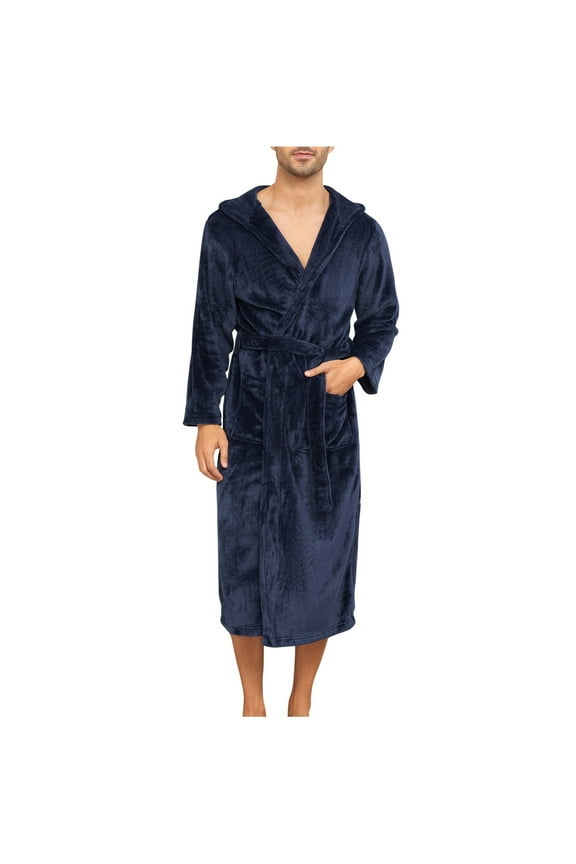 Flannel Hooded Robes for Mens Open Tie Front Full Length Big and Tall Loungewear Fall Winter Warm Bathrobe with Pockets