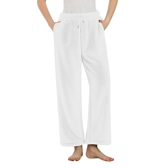 ShomPort Flannel Pajamas Bottoms for Womens Drawstring Elastic Waisted Solid Color Lounge Pants Fall Winter Warm Nightwear with Pockets