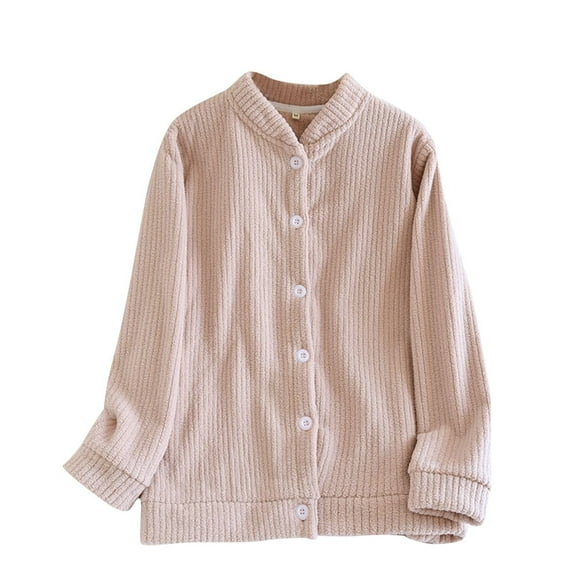 ShomPort Flannel Sleepwear for Womens Long Sleeve Open Front Button Up Textured Pajamas Solid Color Winter Thick Sleepwear