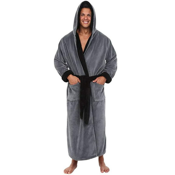 ShomPort Fleece Bathrobes for Big and Tall Mens Hooded Long Sleeve V-Neck Sleepwear with Pockets Color Block Thermal Loungewear