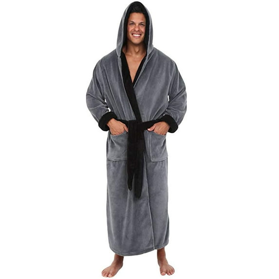 ShomPort Fleece Bathrobes for Big and Tall Mens Hooded Long Sleeve V-Neck Sleepwear with Pockets Color Block Thermal Loungewear