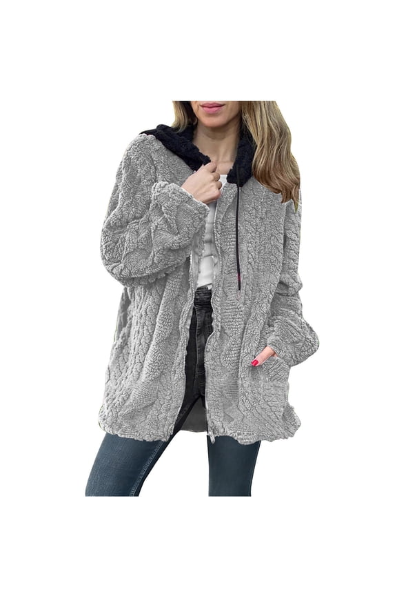 Fleece Cable Knit Overcoat for Womens Color Block Full Zipper Drawstring Jackets Fall Winter Going Out Cozy Coats