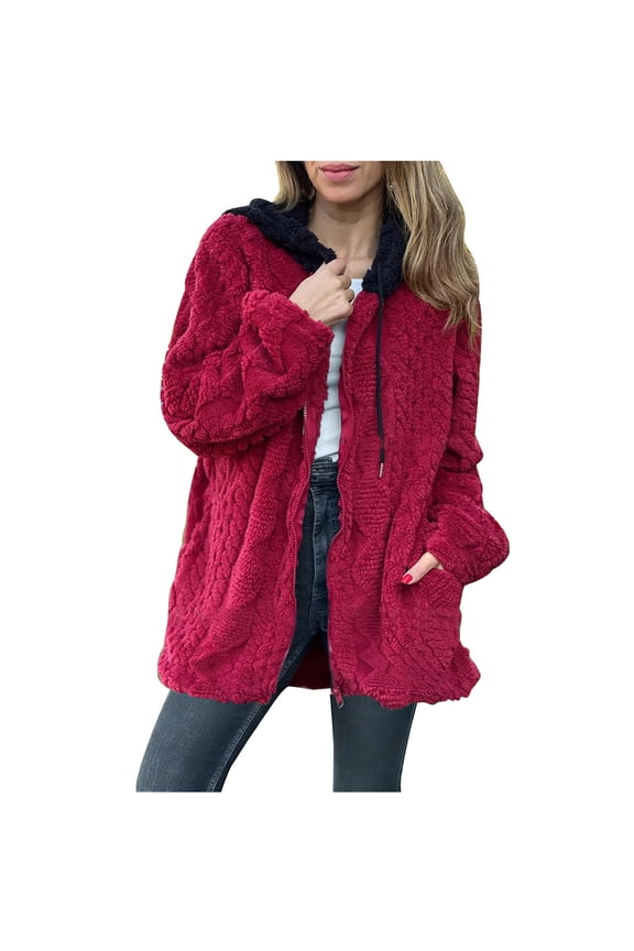Fleece Cable Knit Overcoat for Womens Color Block Full Zipper Drawstring Jackets Fall Winter Going Out Cozy Coats