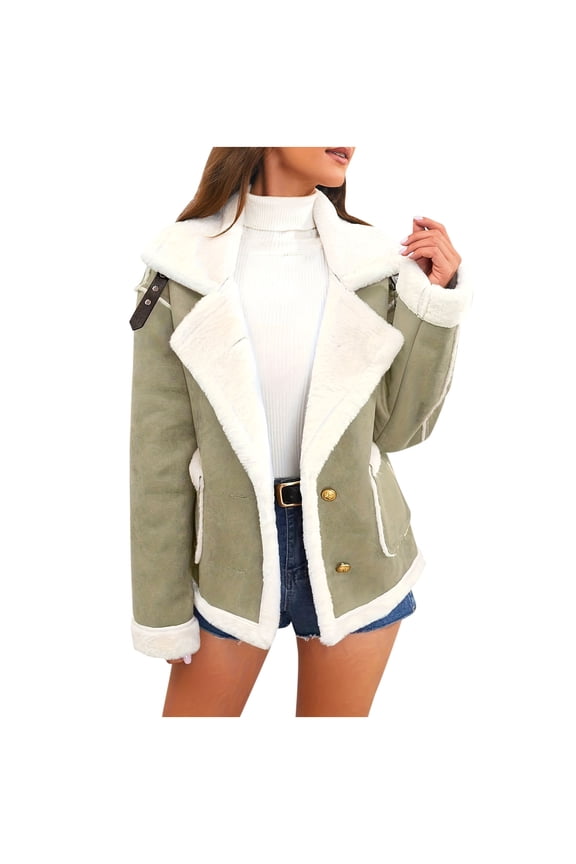 Fleece Coats for Womens Lapel Collared Button Long Sleeve Color Block Outwear Fall Winter Thickened Warm Going Out Jackets