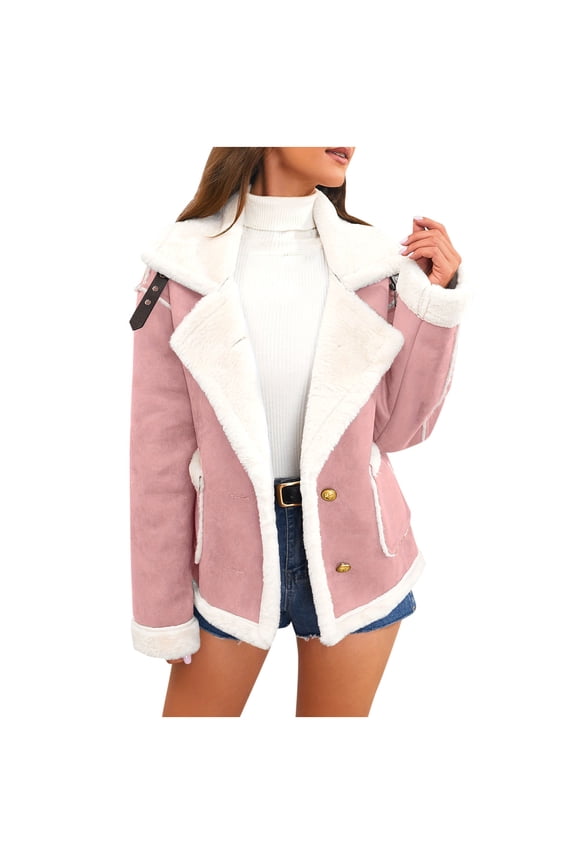 Fleece Coats for Womens Lapel Collared Button Long Sleeve Color Block Outwear Fall Winter Thickened Warm Going Out Jackets