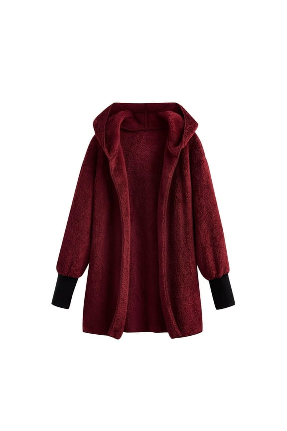 Fleece Coats for Womens Open Front Elastic Cuff Long Sleeve Thickened Jackets with Hooded Fall Winter Thermal Overcoats