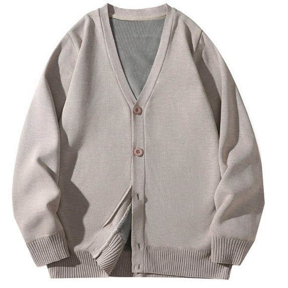 ShomPort Fleece Lined Cardigans for Mens Long Sleeve Ribbed Cuff V-Neck Button Sweaters Solid Color Winter Warm Casual Soft Coat
