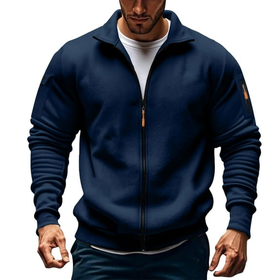ShomPort Fleece Long Sleeve Jackets for Mens Turn Down Full Zipper Thickened Coat with Arm Pockets Athletic Running Outwear