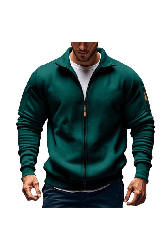 Fleece Long Sleeve Jackets for Mens Turn Down Full Zipper Thickened Coat with Arm Pockets Athletic Running Outwear
