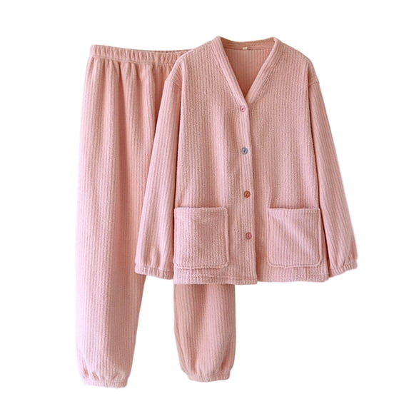ShomPort Fleece Loungewear Set for Womens Ribbed V-Neck Button Long Sleeve Tees with Pockets Wide Leg Pajama Pants Winter Outfit