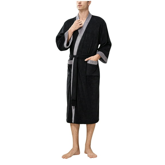 ShomPort Fleece Loungewear for Mens Calf Length Open Front Tie Sleepwear Thermal Solid Color Daily Thick Bathrobes with Pockets