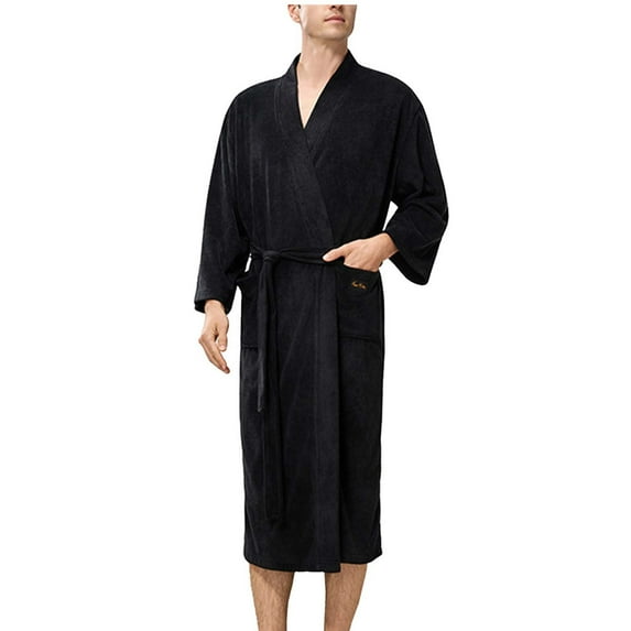 ShomPort Fleece Loungewear for Mens Calf Length Open Front Tie Sleepwear Thermal Solid Color Daily Thick Bathrobes with Pockets