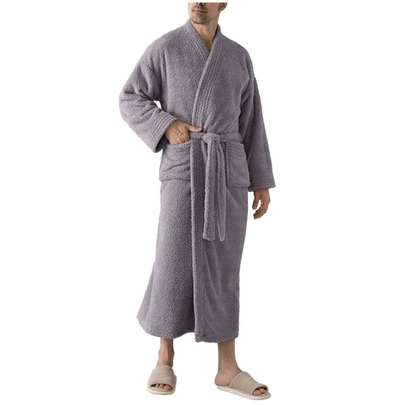 ShomPort Fleece Loungewear for Mens Full Length Open Front Solid Color Comfort Robes Fall Winter Thick Bathrobes with Pockets