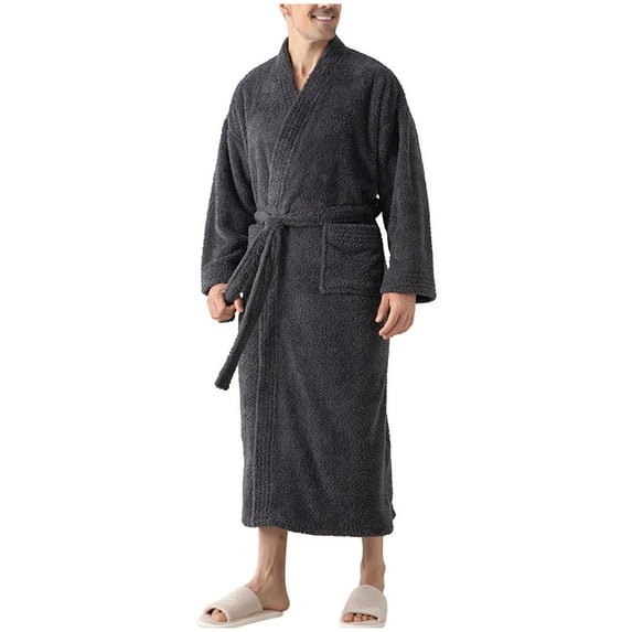 ShomPort Fleece Loungewear for Mens Full Length Open Front Solid Color Comfort Robes Fall Winter Thick Bathrobes with Pockets