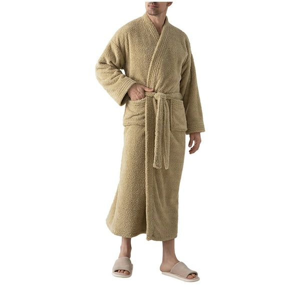ShomPort Fleece Loungewear for Mens Full Length Open Front Solid Color Comfort Robes Fall Winter Thick Bathrobes with Pockets