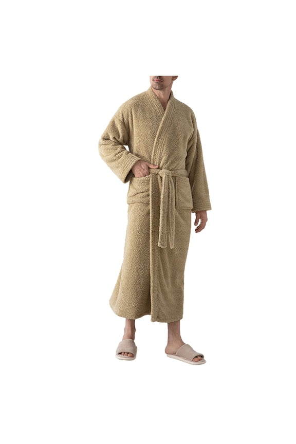 Fleece Loungewear for Mens Full Length Open Front Solid Color Comfort Robes Fall Winter Thick Bathrobes with Pockets