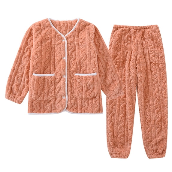 ShomPort Fleece Pajamas Set Women's Soft Comfy Pajamas Set Pullover Pants Loungewear Warm Sleepwear Winter Clothes (Orange54)