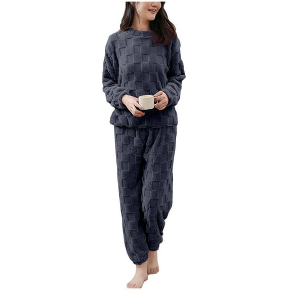 ShomPort Fleece Pajamas Set for Womens Round Collared Long Sleeve Textured Thick Loungewear Fall Winter Thermal Daily Sleepwear