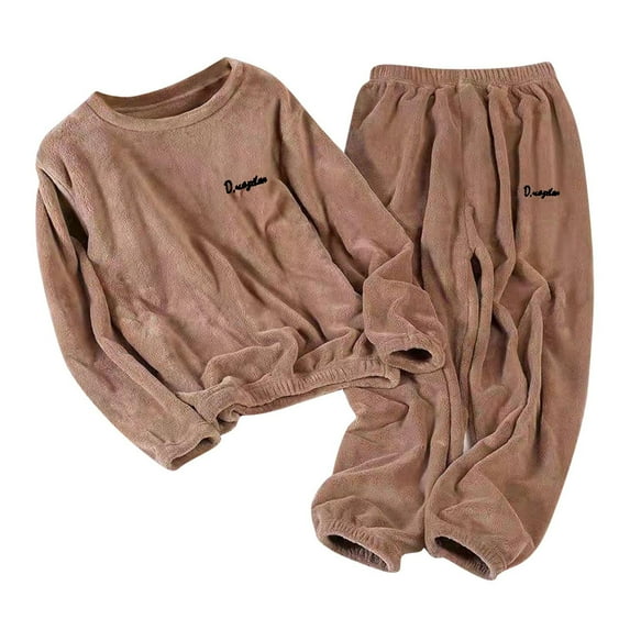 ShomPort Fleece Pajamas for Womens Crewneck Long Sleeve Pullover T-Shirt Cinch Bottom Wide Leg Pants Winter Warm Sleeping Outfit