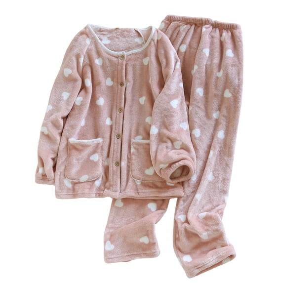 ShomPort Fleece Sleepwear Long Sleeve Heart Printed Crewneck Elastic Waist Thick Pockets Outfit Cute Fall Winter Thermal Pajamas
