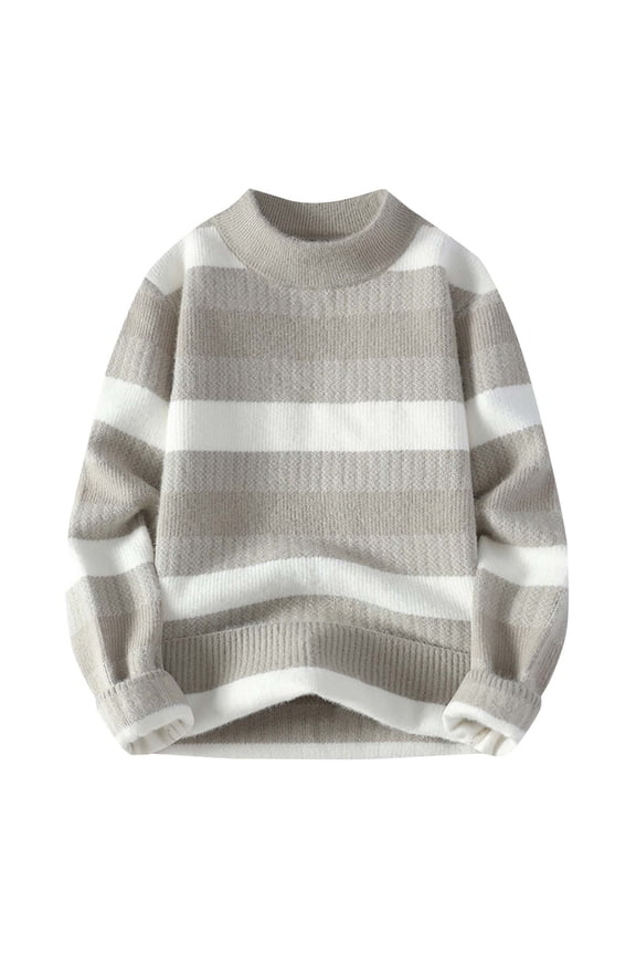 Fleece Sweater for Mens Long Sleeve Crew Neck Stripe Pattern Knitted Tees Blouses Casual Color Block Trendy Basic Layer Tops