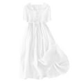 thumbnail image 1 of ShomPort Flowy Cotton Linen Dress for Women Summer Lapel Button Short Sleeve Maxi Dress Belt Pleated A-Line Dresses, 1 of 4