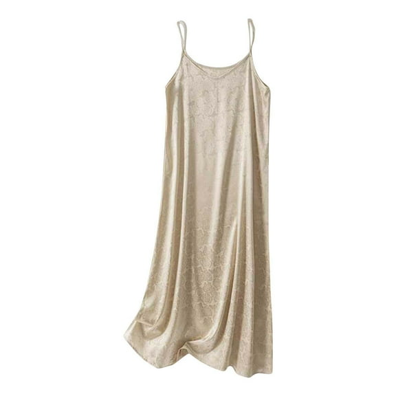 ShomPort Full Slips Dress for Women Satin Textured Midi Dress Spaghetti Straps V-Neck Under Cami Dresses