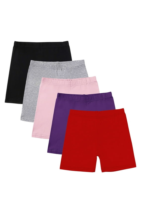 Girls 5-Pack Bike Shorts Elastic Waisted Yoga Dance Athletic Cotton Short Tights Under Dress Shorts