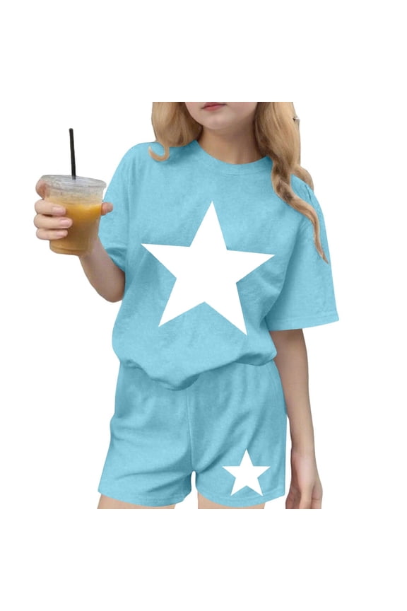 Girls Active Two Piece Set Short Sleeve Pullover Shirt Loose Short Workout Summer Graphic Sets 3-15Years