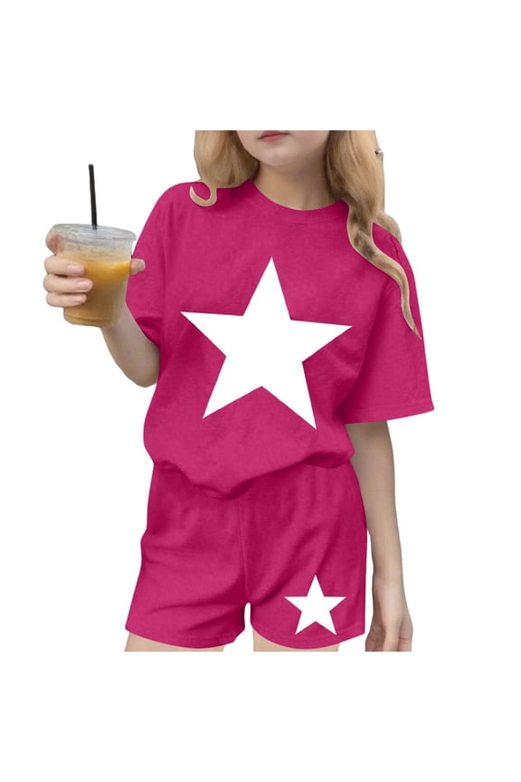 Girls Active Two Piece Set Short Sleeve Pullover Shirt Loose Short Workout Summer Graphic Sets 3-15Years
