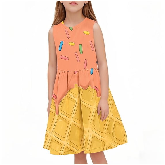 ShomPort Girls Casual Dresses Cartoon Printed Scoop Neck A-Line Sleeveless Ruched Dresses Lightweight Summer Soft Dailywear