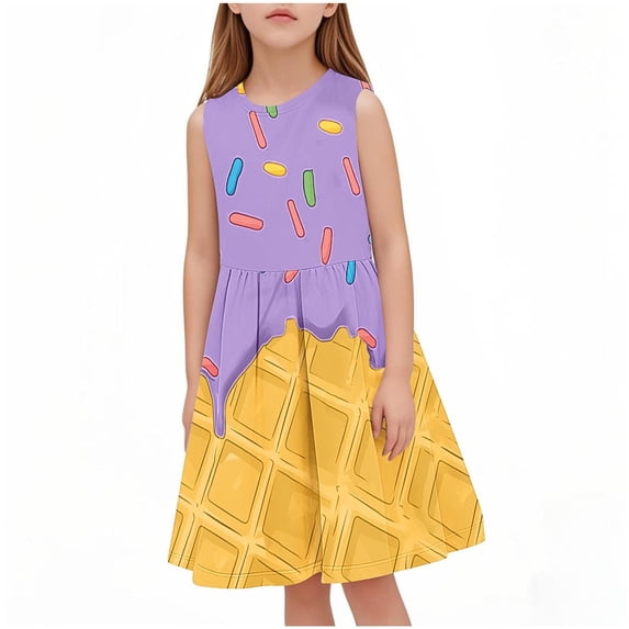 ShomPort Girls Casual Dresses Cartoon Printed Scoop Neck A-Line Sleeveless Ruched Dresses Lightweight Summer Soft Dailywear
