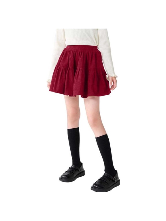 Girls Corduroy Mini Dress Elastic Waist Pleated Casual Dress Solid Color Back to School Uniform with Lined