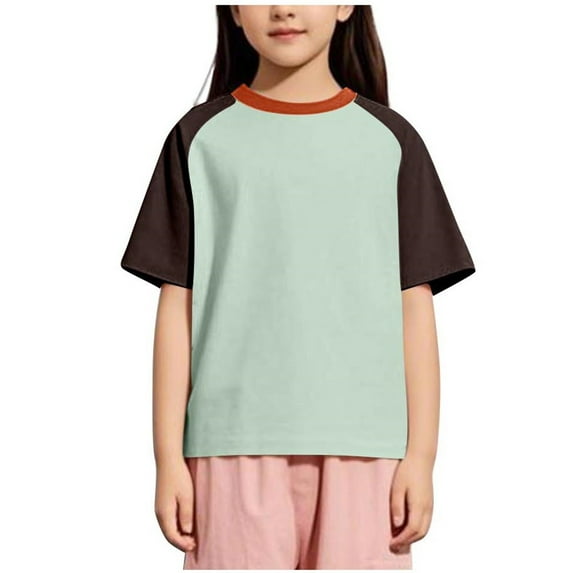 ShomPort Girls Cotton T-Shirt Raglan Sleeve Crew Neck Color Block Stretchy Loose Tees Tops Soft Pullover Blouses for 3-15Y